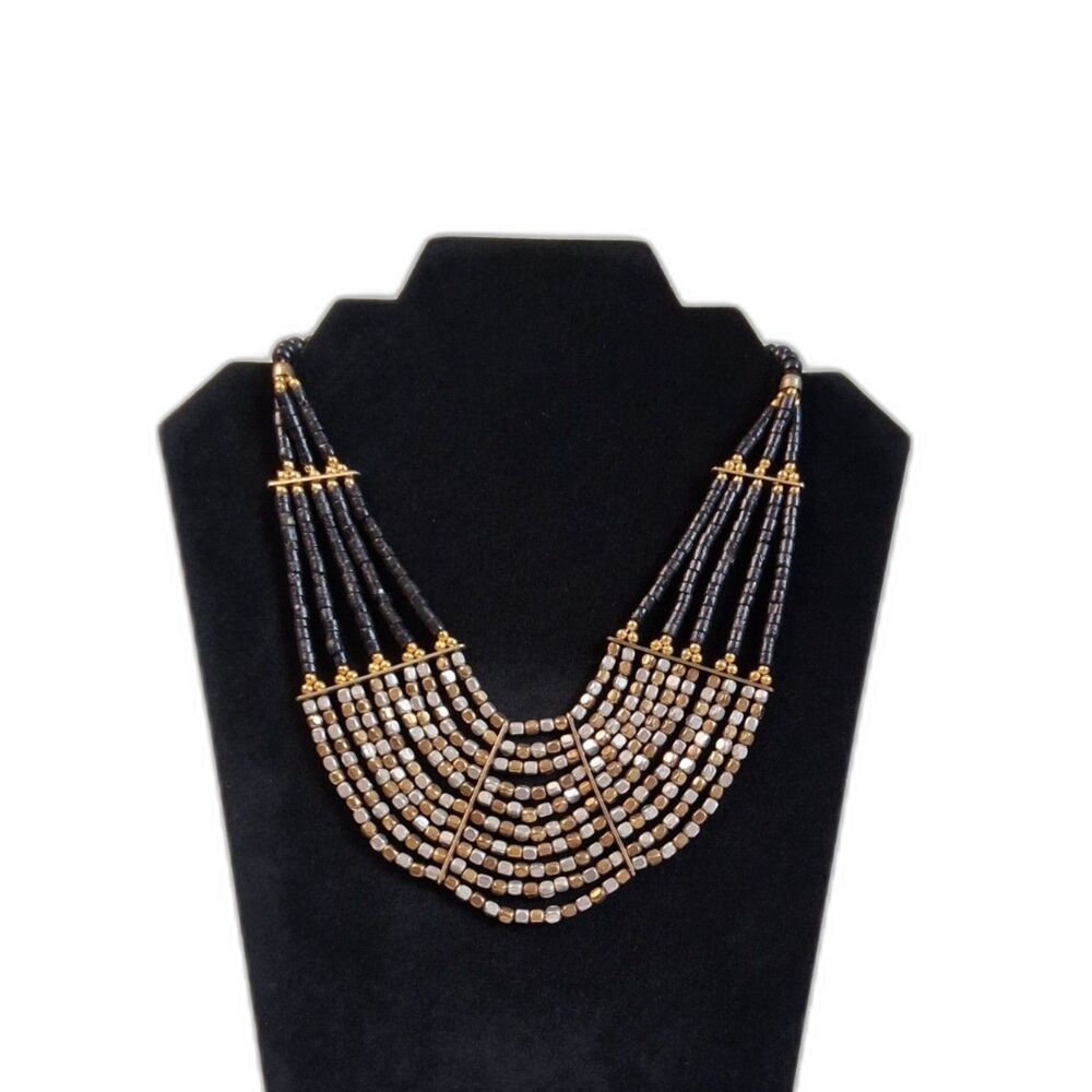 Black Beaded Gold and Silver Toned Metal Multi Strand Boho Statement Necklace